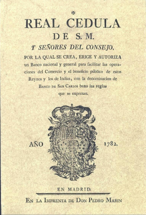 Cubierta de REAL CEDULA DE S.M. Y SEÑORES DEL CONSEJO POR LA QUE SE CREA EL BANCO DE SAN CARLOS. AÑO 1782